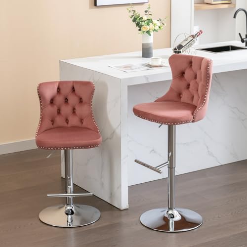Swivel Bar Stools Set of 2, Velvet Barstools with High Upholstered Backrest, Metal Footrest & Nailheads Trim, Adjustable Counter Height Bar Chairs for Home Pub and Kitchen Island, Beige+Gold