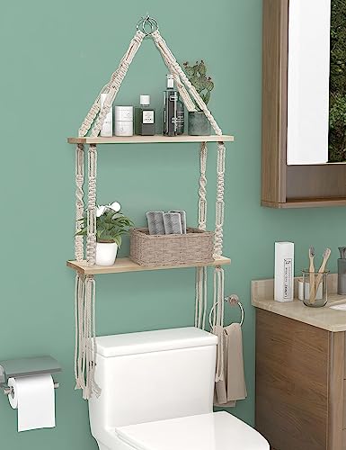 Macrame Hanging Shelves 2 Tier, Natural Wood Farmhouse Window Plant Shelves Boho Wall Shelf with Hooks & Hardwares for Bedroom Bathroom Kitchen Living Room