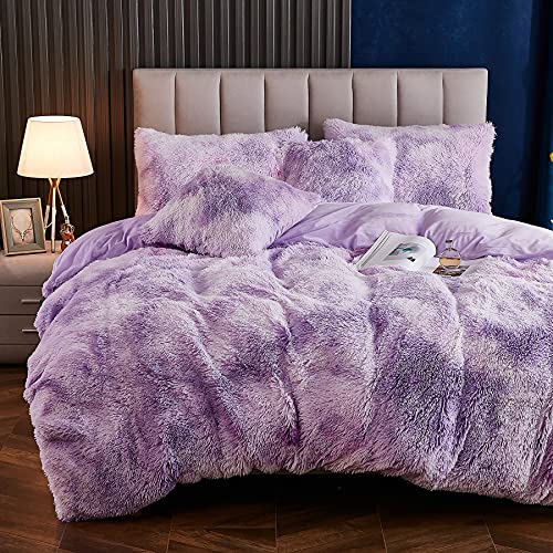 Yaoshuho Plush Fluffy Duvet Cover Queen Size Luxury Ultra Soft Shaggy Duvet Cover Set Faux Fur Comforter Bedding Set(1 Duvet Cover + 2 Pillow Shams), Light Grey