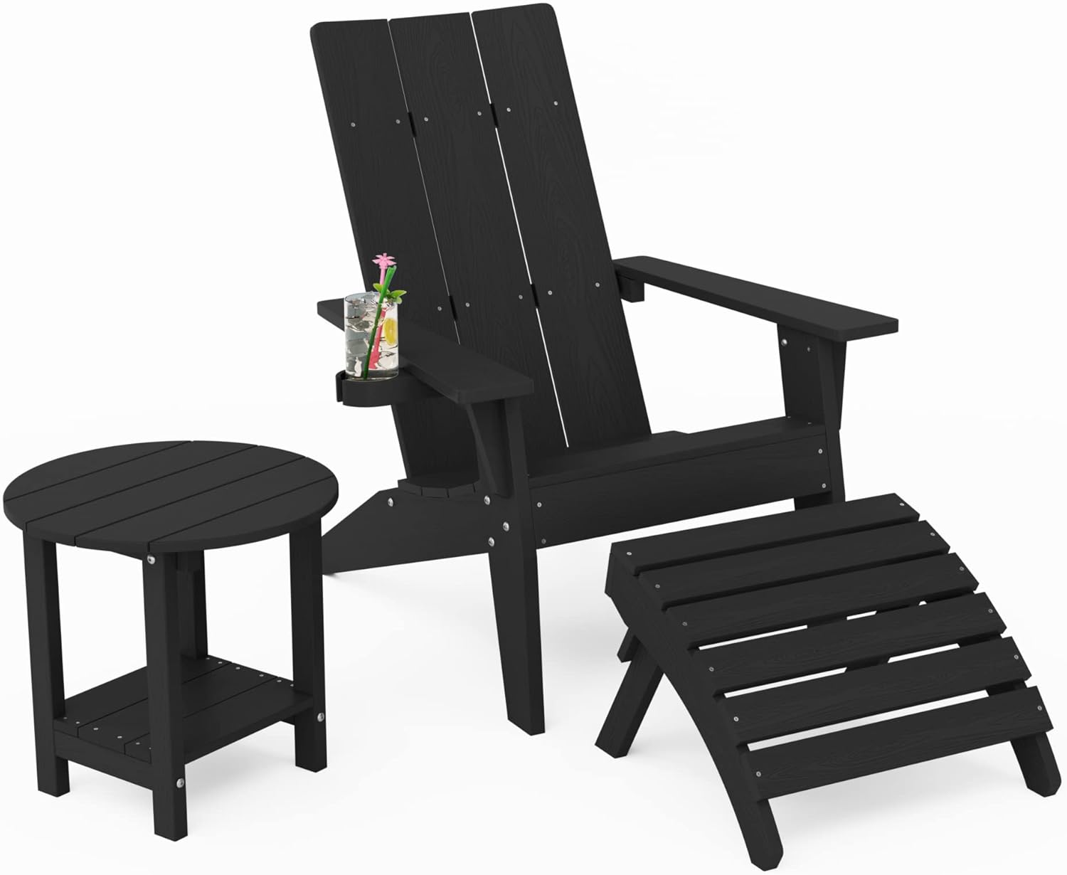 MXIMU Adirondack Chair & Table & Ottoman 3-Piece Set, Weather Resistant Plastic Chairs with Cup Holder Adorondic Set for Area Seating Lifetime Wide Use in Backyard, Garden, Lawn, Porch (Black)