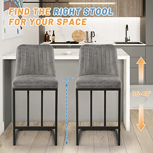 LSSPAID Bar Stools Set of 4, Upholstered Fabric Counter Height Bar Stool, 24.8 inch Kitchen Island Bar Chairs, Black Metal Leg Barstools, Brown