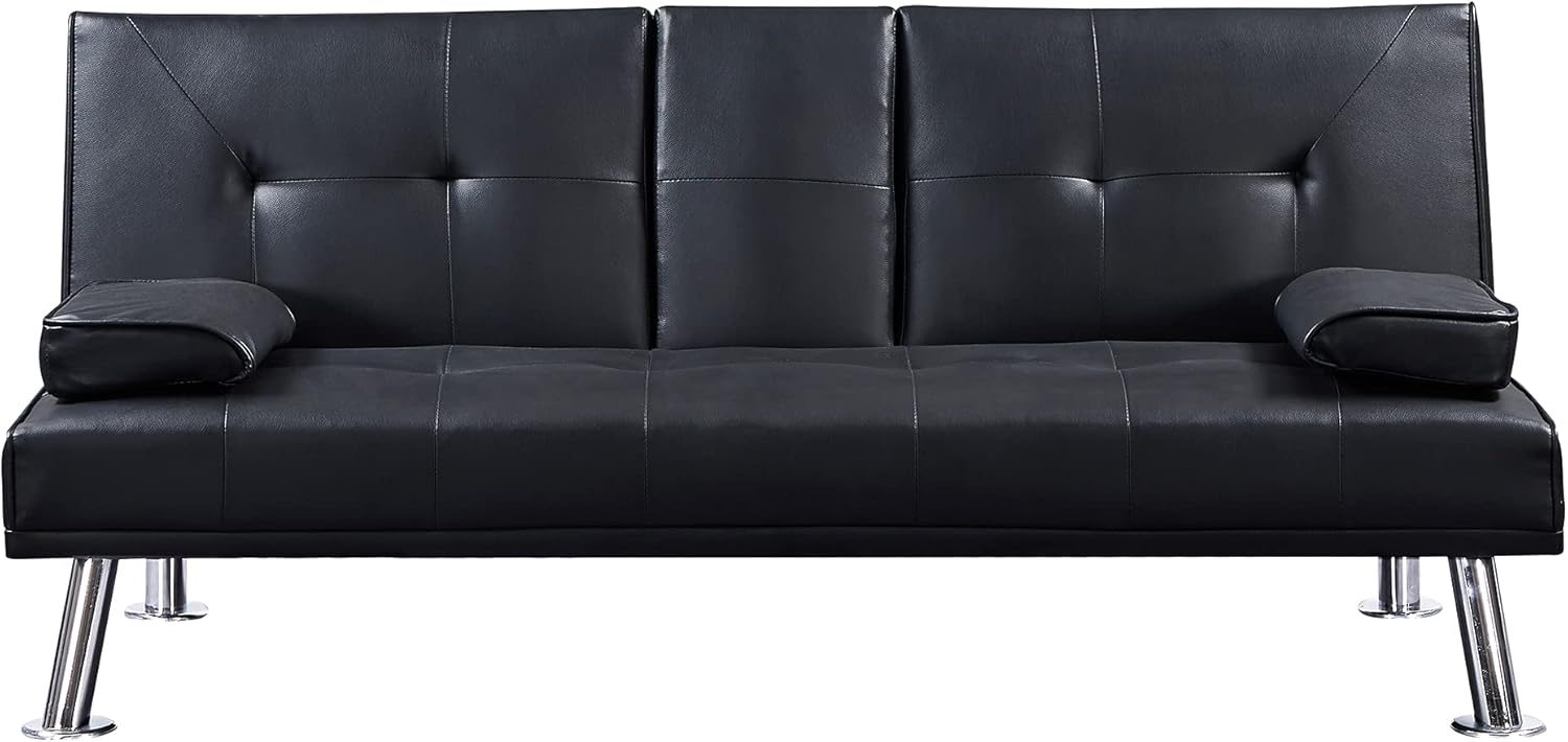 Black Faux Leather Loveseat Sofa Bed with Cup Holders, Convertible Folding Sleeper Couch Bed