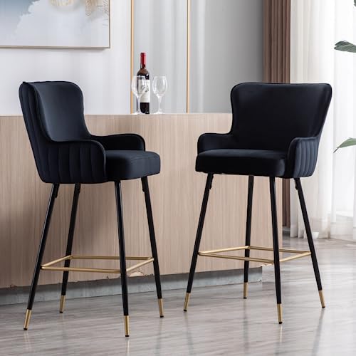 Guyou Velvet Bar Stools with High Back Set of 2, 30” Upholstered Kitchen Island High Chairs Pub Chair with Gold Footrest Wing Back Armrests for Dining Room Home Party (Black)