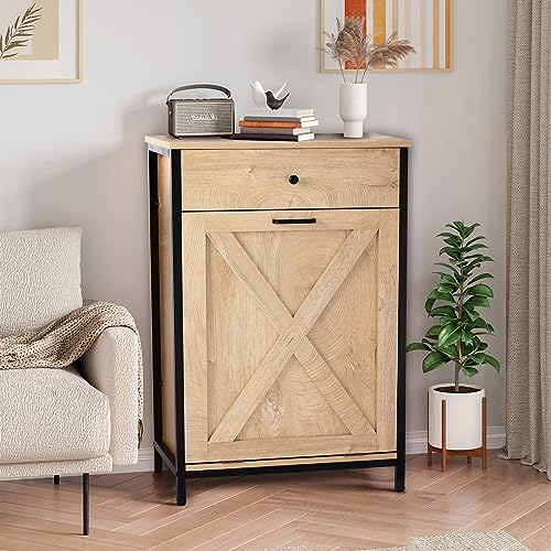 UEV Wooden Tilt Out Trash Cabinet Free Standing Kitchen Trash Can Holder or Recycling Cabinet with Hideaway Drawer(White)