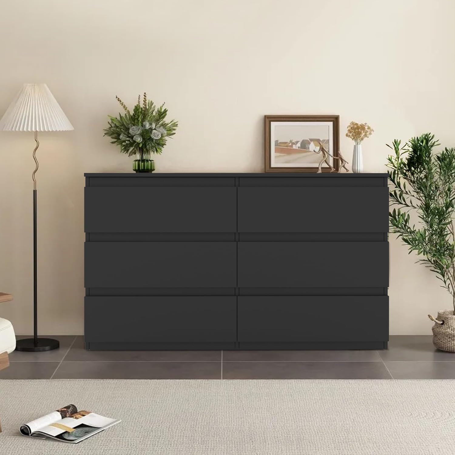 Rattan 6 Drawer Dresser Farmhouse Boho Chest of Drawers Wood 6 Drawer Storage Cabinet with Wide Drawers for Bedroom, Hallway, Living Room