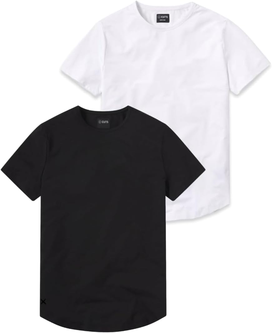 Cuts 2 Pack Men's Crew Neck Curve Hem Short Sleeve T-Shirt, White, Black, Size-Small