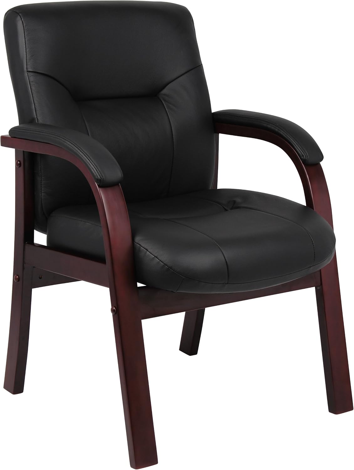 Boss Office Products Executive Leather Guest Chair with Mahgany Finish in Black