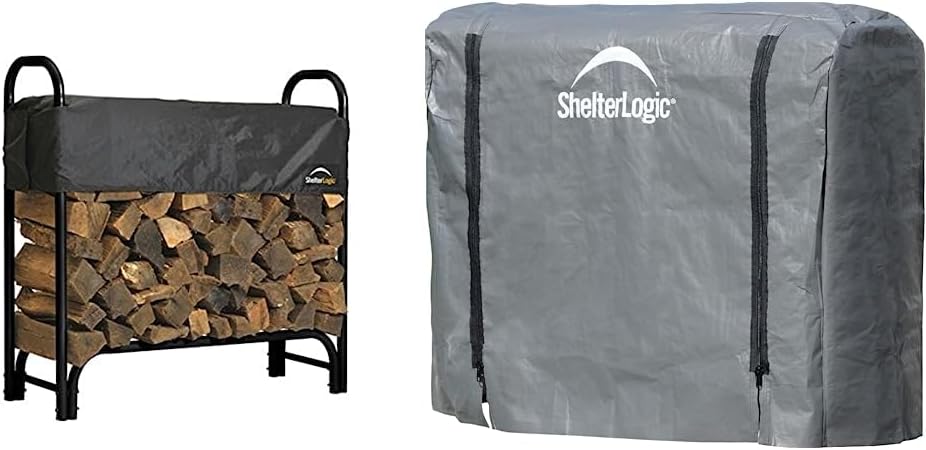 ShelterLogic 4' Adjustable Heavy Duty Outdoor Firewood Rack with Steel Frame Construction and Water-Resistant Cover & Firewood Rack-in-a-Box Universal Full Length Cover for Firewood Storage Racks