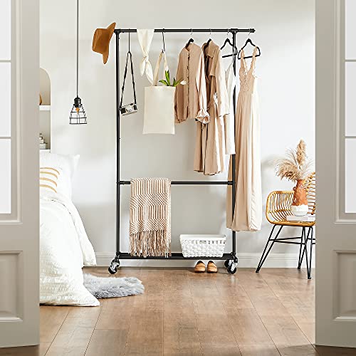 SONGMICS Heavy-Duty Clothes Rack, Double-Rod Clothing Rack for Hanging Clothes, Industrial Garment Rack on Wheels, Adjustable Metal Frame, 2 Casters with Brakes, Commercial Display, White UHSR062W01