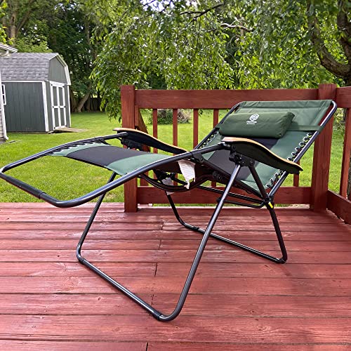 Coastrail Outdoor Zero Gravity Chair Premium Wood Armrest Padded Comfort Folding Patio Lounge Adjustable Recliner with Cup Holder & Side Table, 400lb Capacity, Navy/Brown