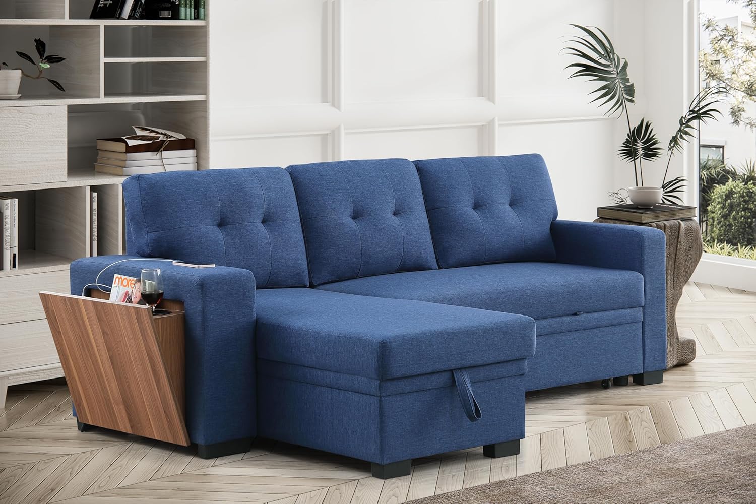 L-Shaped Sectional Sleeper Sofa with Reversible Storage Chaise, Hidden Compartment, Cup Holder, USB Port, and Pull-Out Bed, Upholstered Corner Couch for Living Room, Blue