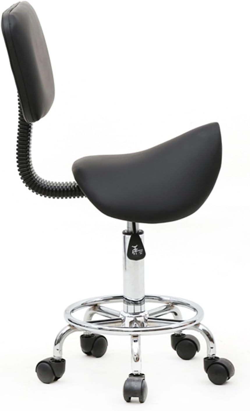 Saddle Stool with Foot Rest PU Leather Swivel Adjustable Rolling Stools with Back Support Facial for Esthetician Massage Clinic Kitchen Tattoo Salon Chair (Black)
