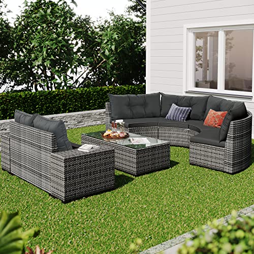 P PURLOVE 8 Piece Half Moon Sectional Round Patio Furniture Set, Outdoor Sectional Sofa Couch, Wicker Sofa Set with Washable Cushions and Glass Rectangular Coffee Table, for Garden, Backyard, Beige