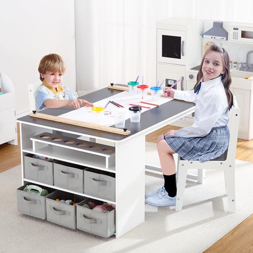 Kids Art Table and Chairs Set, Living and Learning Kids' Art Table and Stool Set with Large Storage Desk and Portable Art Supply Organizer, Kids Activity Table, Drawing and Painting Desk