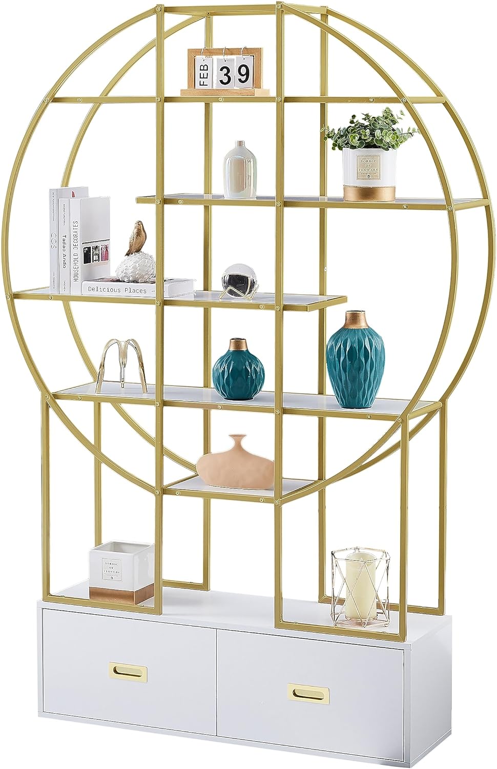 6-Tier Gold Bookshelf with 2 Storage Drawers, Tall Metal Bookcase for Storage, Modern Standing Display Storage Organizer, Industrial Open Bookshelves for Home Office, Living Room, White and Gold