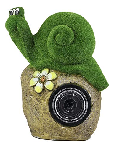 Ebros Large Whimsical Snail On Rock Garden Statue with Solar LED Light in Flocked Artificial Moss Grass Finish Resin Sculpture Guest Greeter Home Decor Outdoors Patio Flower Bed