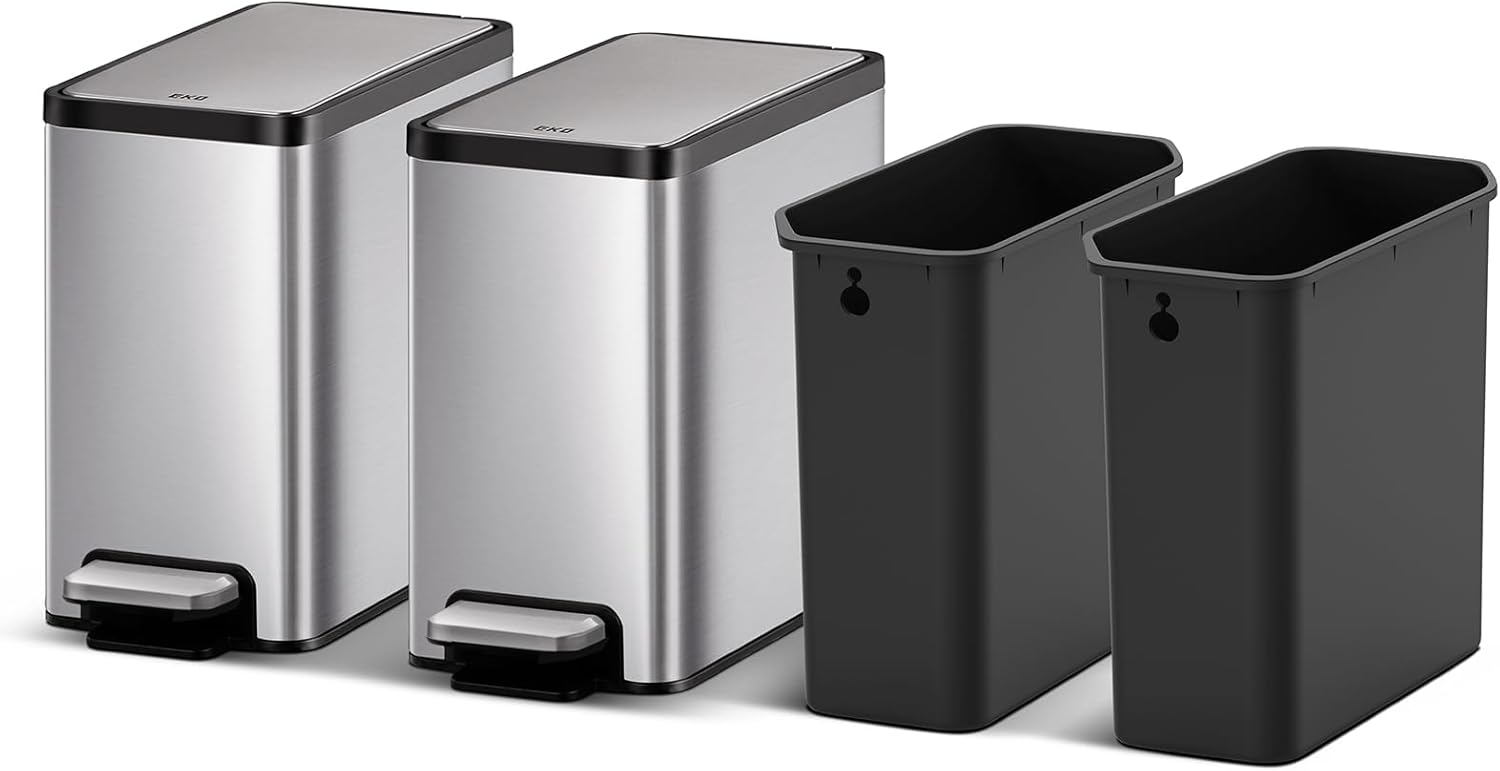 EKO Slim Small Bathroom Trash Can with Lid, Stainless Steel Kitchen Garbage Can with Removable Inner Bucket, 6L / 1.6 Gal 2 Pack Step On Trash Can Combo
