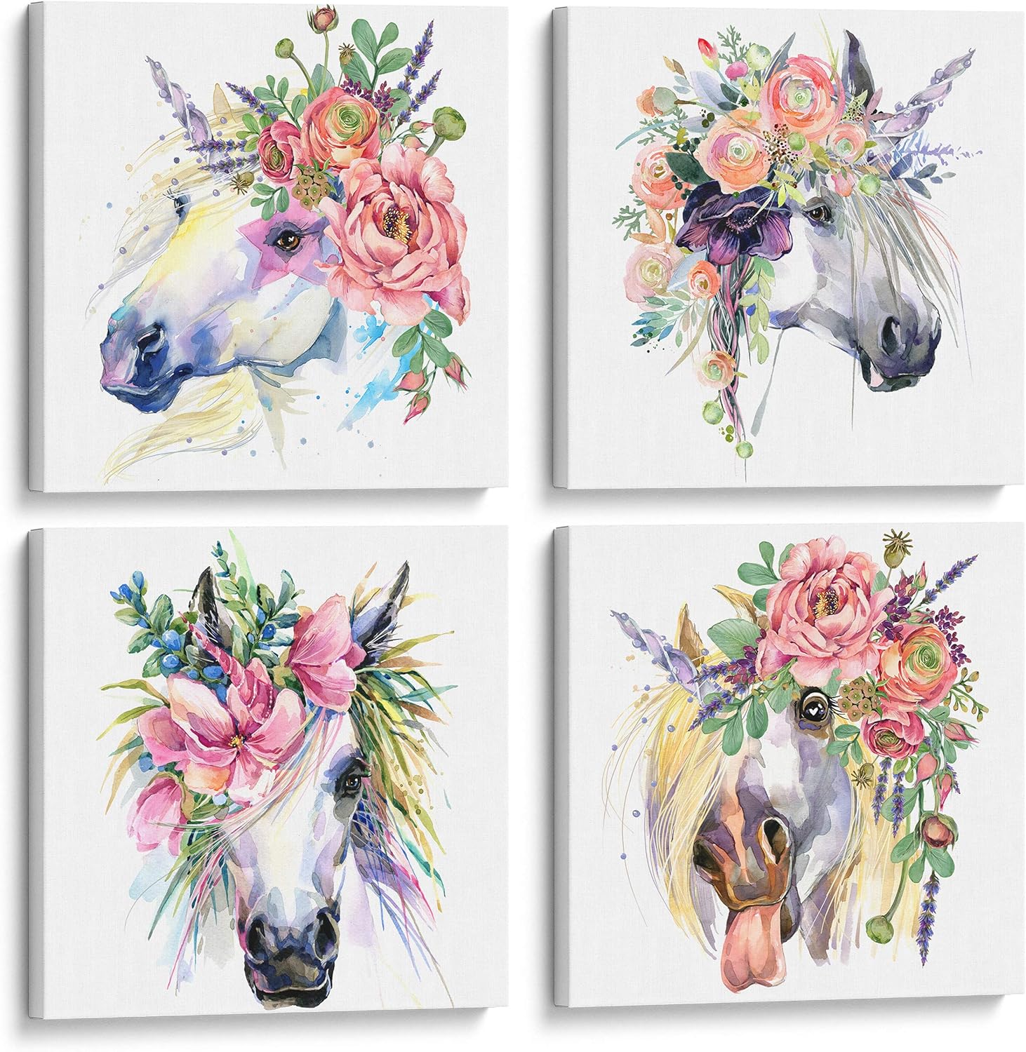 Something Unicorn - Stretched/Framed, Ready to Hang Canvas Wall Art for Girl's Bedroom. Super Cute Water Color Unicorn Prints for Teens or Girls Bedroom Decor. Set of 4. 12x12in - Floral Unicorn