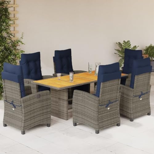 7 Piece Patio Dining Set with Cushions Gray Poly Rattan,Polyethylene Rattan Garden Furniture Set with Adjustable Chairs and Acacia Wood Table for Outdoor Dining and Relaxation