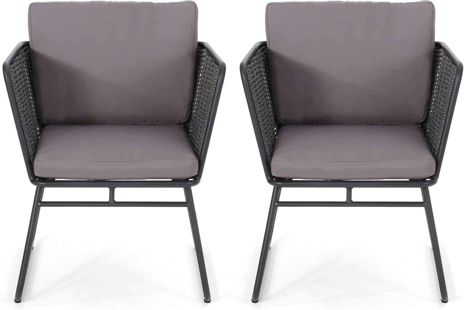 GDFStudio Modern Outdoor Rope Weave Club Chair with Cushions (Set of 2), Dark Gray, Gray, and Black