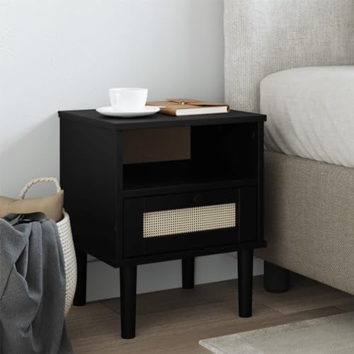 vidaXL SENJA Rattan Look Bedside Cabinet - Black Solid Pine Wood with UV Varnish Finish - Modern Styled Bedroom Furniture