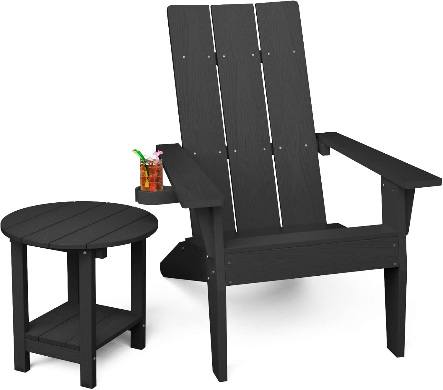 MXIMU Oversize Modern Adirondack Chair and Table Set, Fire Pit Seating, Foldable Outdoor Lounger Armchair, Lawn Chairs Furniture for Beach Poolside Balcony Patio Black