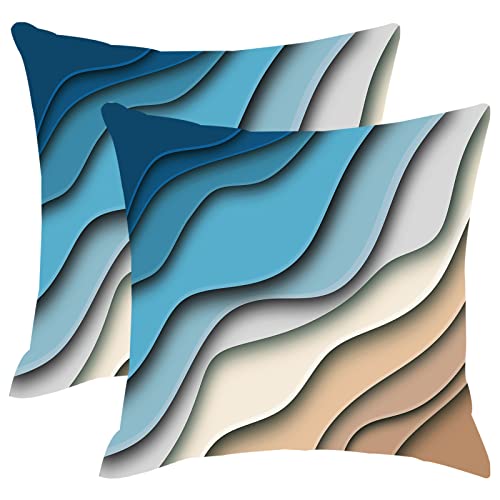 Blue Teal and Grey Boho Throw Pillow Covers 18x18 Set Of 2 Summer Outdoor Abstract Stripe Pillows Cover Mid Century Modern Decorative Pillow Case Farmhouse Cushion Cover for Home Couch Bed Sofa Decor