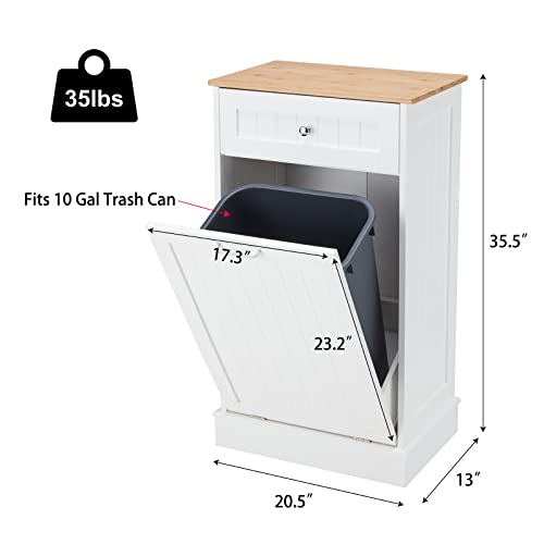 Tilt Out Trash Cabinet, Kitchen Freestanding Wood Recycling Trash Cabinet with Drawer & Cutting Board, Recycling Cabinet with Hideaway Drawer, 10 Gallon Tilt Out Trash Cabinet Kitchen(White)