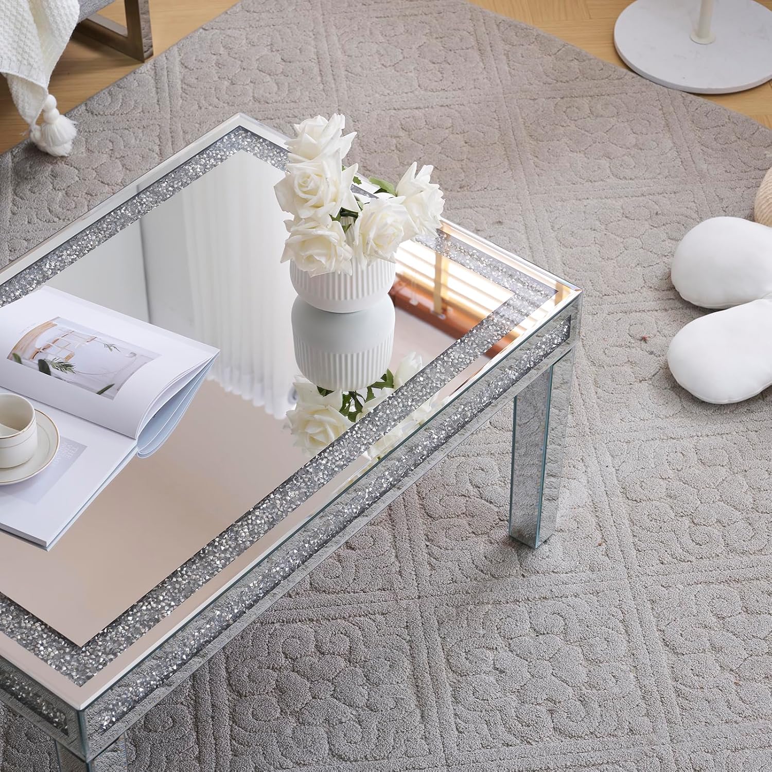 SSLine Modern Mirrored Coffee Table Luxury Living Room Cocktail Center Table with Silver Mirror Finish Rectangular Small Coffee Table with Crystal Inlay and Edge - Partially Assembled