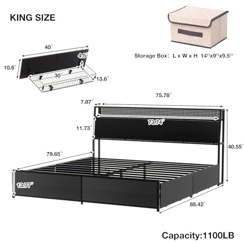 Queen Bed frame with LED Lights, Metal Platform Bed Frame with 4 Storage Drawers, Tall Bookcase Headboard and Charging Station, Sturdy, No Box Springs Needed Black
