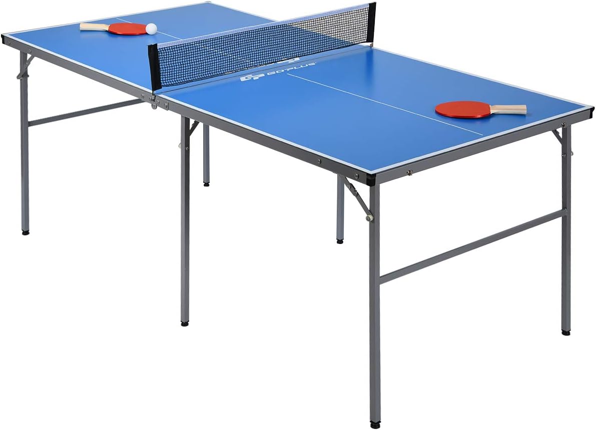 Goplus Foldable Ping Pong Table, 100% Preassembled, Portable Table Tennis Table Game Set with Net, 2 Table Tennis Paddles and Ping Pong Balls for Indoor Outdoor Use