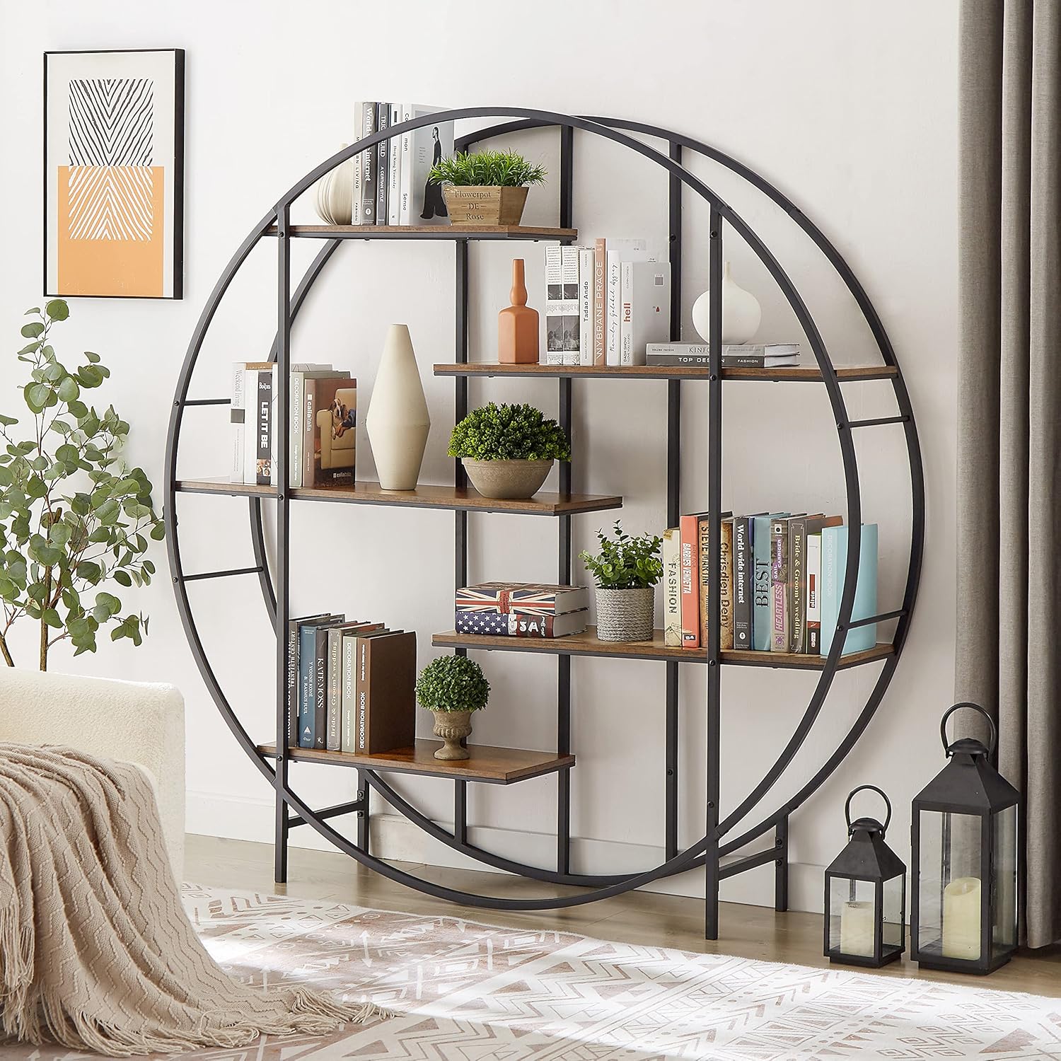 Round 5-Tier Bookcase,Industrial Vintage Round Shelf Storage Organizer Multi-Functional Bookshelf for Bedroom, Living Room and Home Office(Rustic Brown)