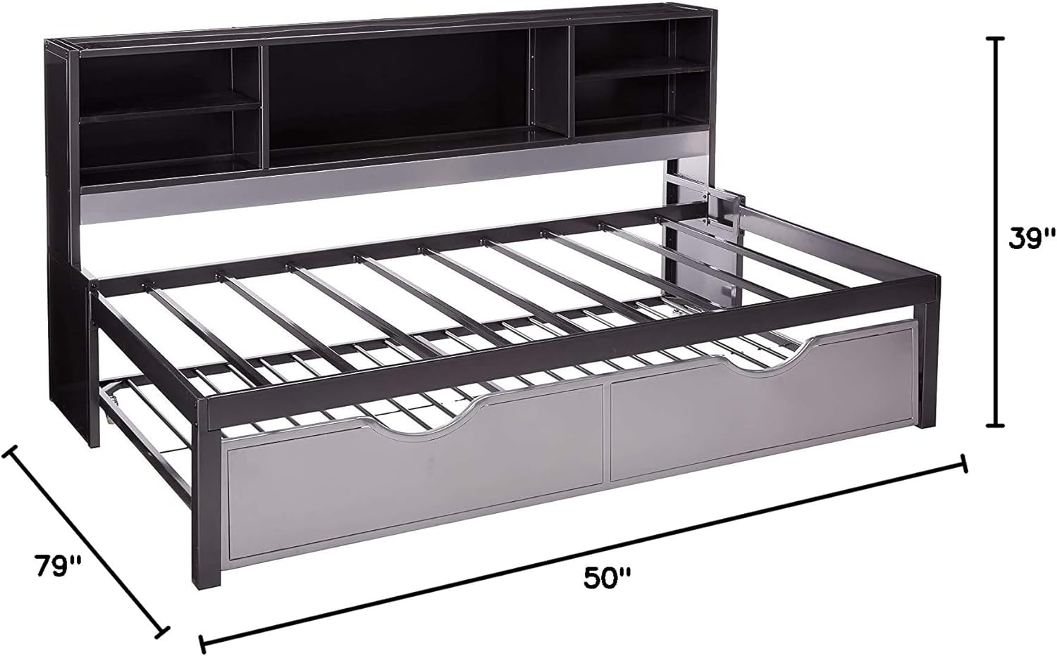 BOWERY HILL Metal Frame Twin Bed with Trundle in Black and Silver Including Bookcase