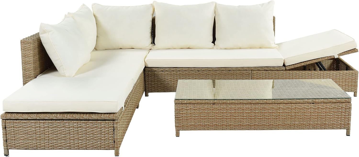 3-Piece Patio Furniture, Weather PE Rattan Wicker Sectional Sofa Set with Adjustable Chaise Lounge Frame and Tempered Glass Table, Washable Pillow&Cushion, Natural