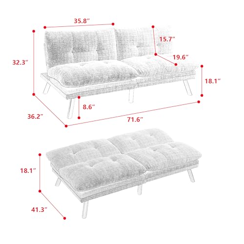 Futon Sofa Convertible Upholstered Loveseat Sleeper, Chenille Fabric Couch Bed,w/Adjustable Backrest & Metal Legs, for Small Living Room, Apartment (Black), 71.6