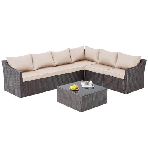 HOMREST 7 Pcs Patio Furniture Set All Weather Sectional Sofa,Outdoor Patio Furniture,Outdoor Conversation Set Sectional Sofa with Red Cushion & Coffee Table,Khaki