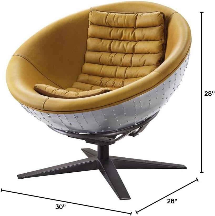 Acme Brancaster Top Grain Leather Accent Chair in Turmeric and Aluminum