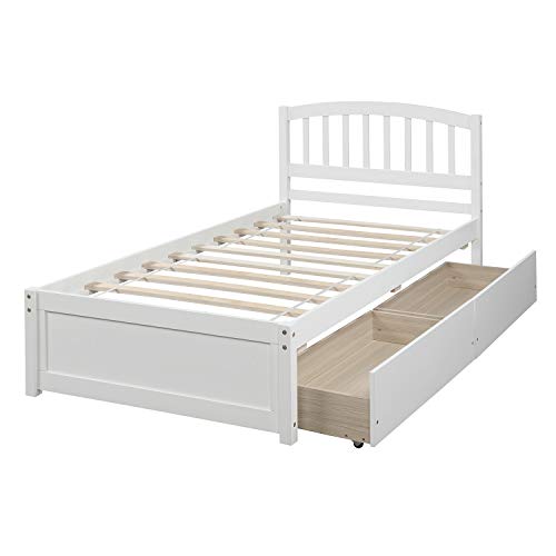 Twin Size Platform Bed with 2 Storage Drawers, Solid Wood Twin Bed Frame with Slat support and Headboard for Kids, Teen, Adults, No Box Spring Needed(Twin, White)