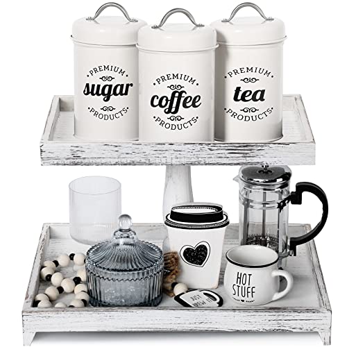 Farmhouse Tiered Tray Stand Wooden Rustic 2 Tier Tray Stand Rectangular Tray Serving Two Tiered Tray Stand for House Kitchen Cake (White)