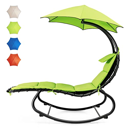 Giantex Hammock Chair Swing Lounger, Outdoor Hanging Chair with Shade Canopy, Powder-Coated Steel, Waterproof Fabric, Built-in Pillow, Removable Cushion Patio Chaise Lounge Chair (Green)