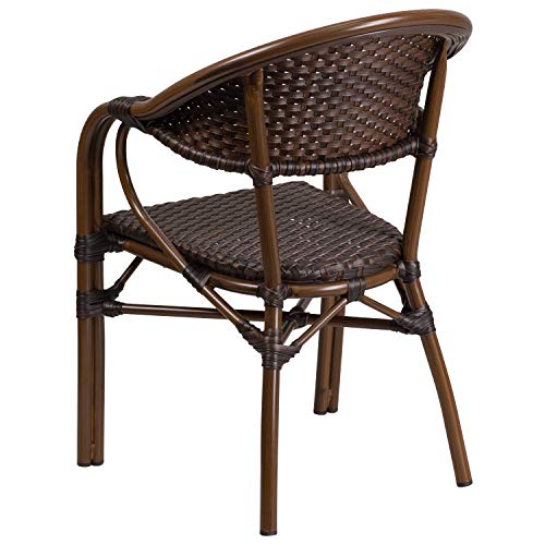 EMMA + OLIVER 3 Pack Cocoa Rattan Restaurant Patio Chair with Bamboo-Aluminum Frame