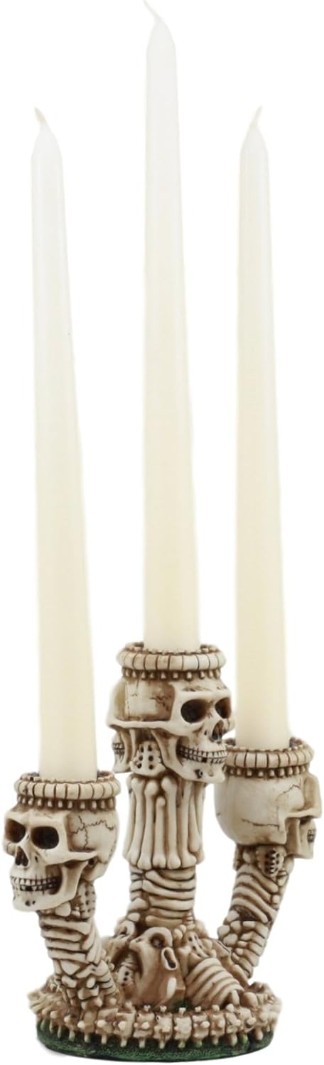 Ebros Gothic Trio Ossuary Graveyard Skulls and Skeleton Bones Candelabra Candle holder Statue Wicked Skeletal Altar Shrine Figurine