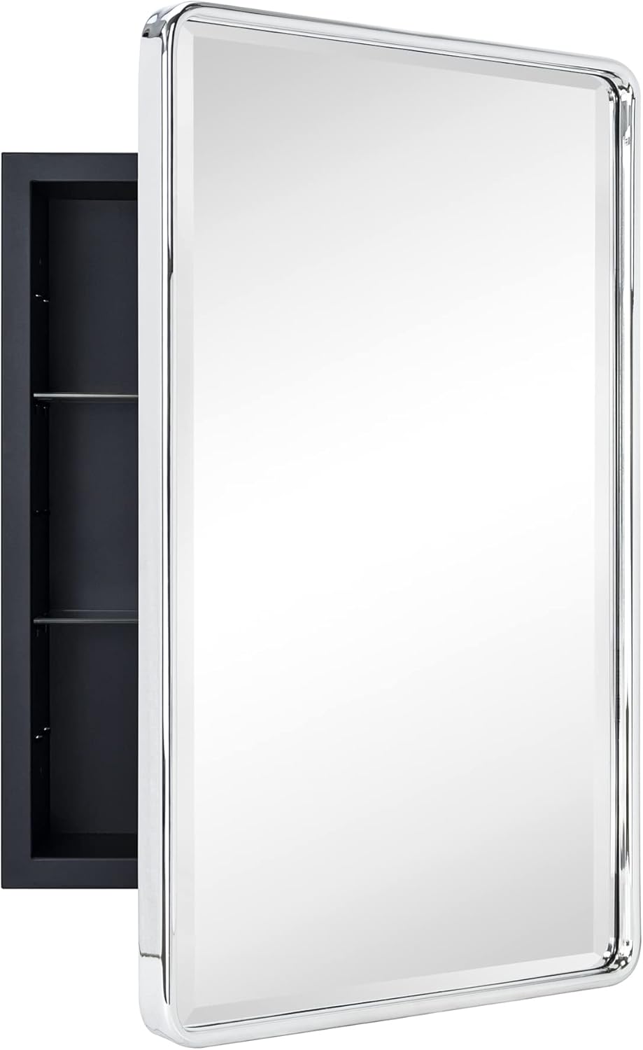 TEHOME Farmhouse Chrome Metal Framed Recessed Bathroom Medicine Cabinet with Mirror Rounded Rectangle Medicine Cabinet with Beveled Mirror, 16x24''