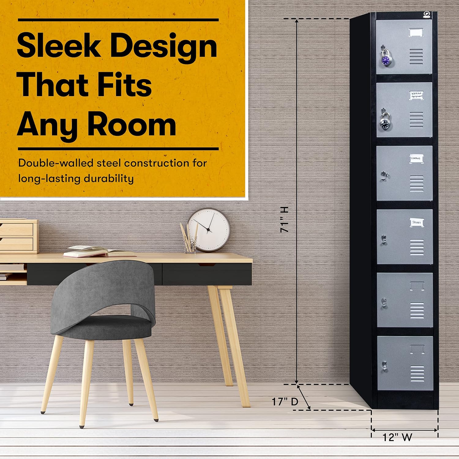 Fedmax Locker Storage Cabinet - 6 Metal Wall Lockers for School, Gym, Home, Office Employee Lock Box, 71 Inches High - Black/Grey