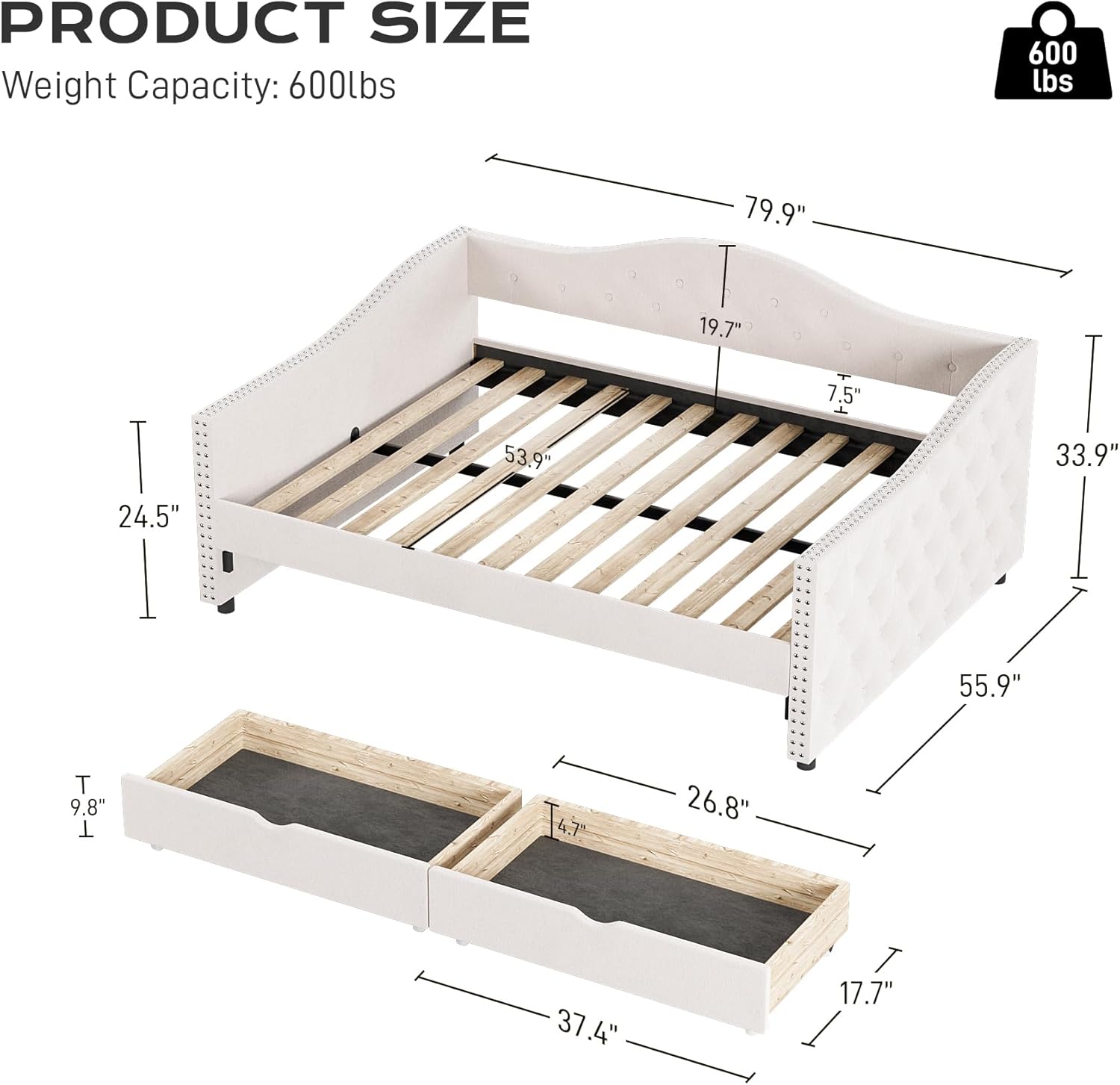 OUYESSIR Full Size Daybed with 2 Storage Drawers, Upholstered Linen Day Bed Frame with Full Wood Slats for Bedroom Living Room Guest Room, No Box Spring Needed, Beige