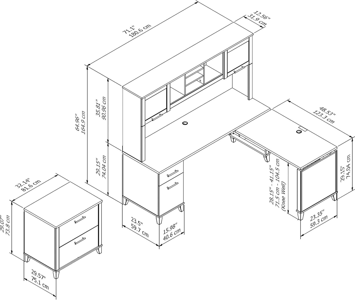 Bush Furniture Somerset 72W 3 Position Sit to Stand L Shaped Desk with Hutch and File Cabinet in Mocha Cherry