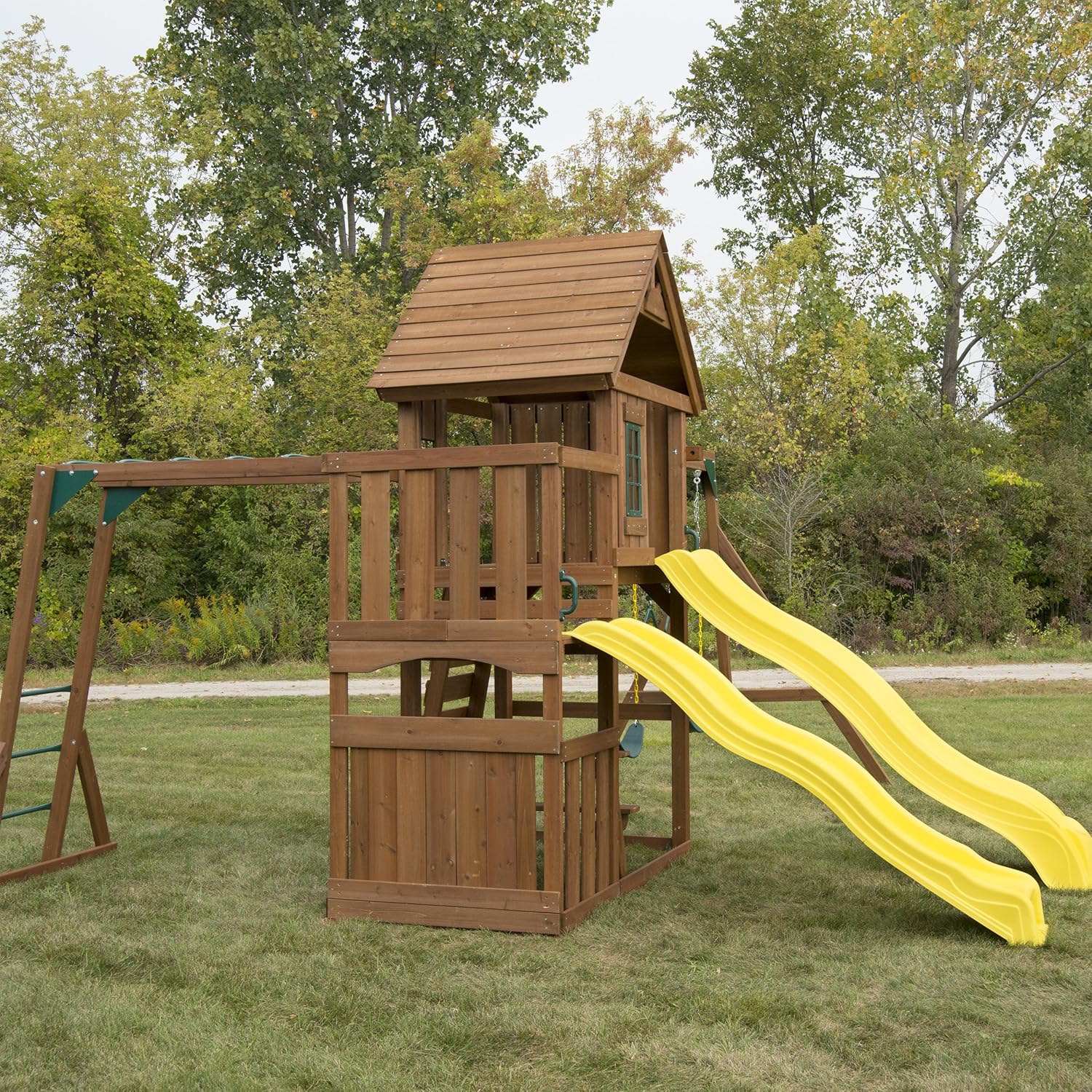 Swing-N-Slide WS 8356 Wooden Timberview Play Set with Two Slides, Monkey Bars, Wood Roof, Climbing Wall and Swings, Wood , Brown
