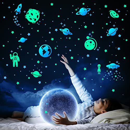 Glow in The Dark Stars for Ceiling, Stars Wall Decals,Kids Room Decorations for Bedroom (Blue & Green Space - 2 Set)