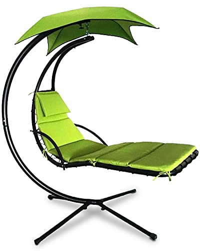Hammock Chair Hanging Chair Lounge Chairs Outdoor Porch Swing Arc Stand with Canopy Umbrella and Pillow, 280 LBS Capacity, Heavy Duty Large Air Floating Chaise Chair for Patio Backyard Deck Garden