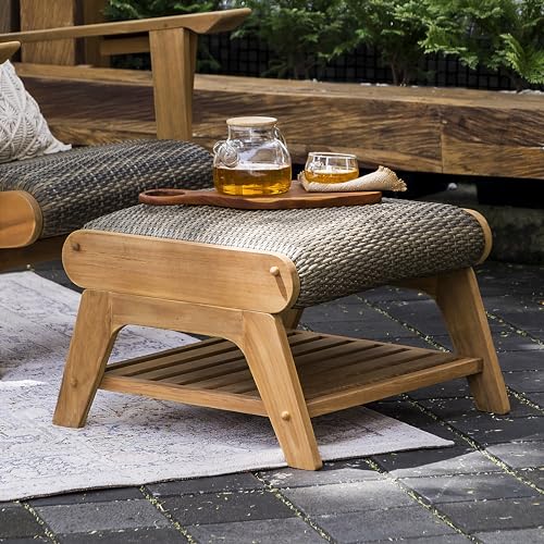 Cambridge Casual Auburn Teak Wood Padded Upholstered Patio Conversation Set, Adirondack Chair + Ottoman